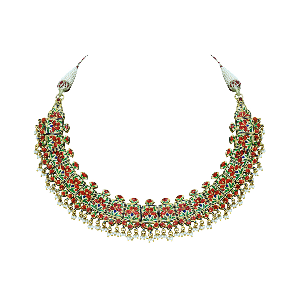 Red Enamel Polki Necklace with Floral Motifs and Cheed Pearls